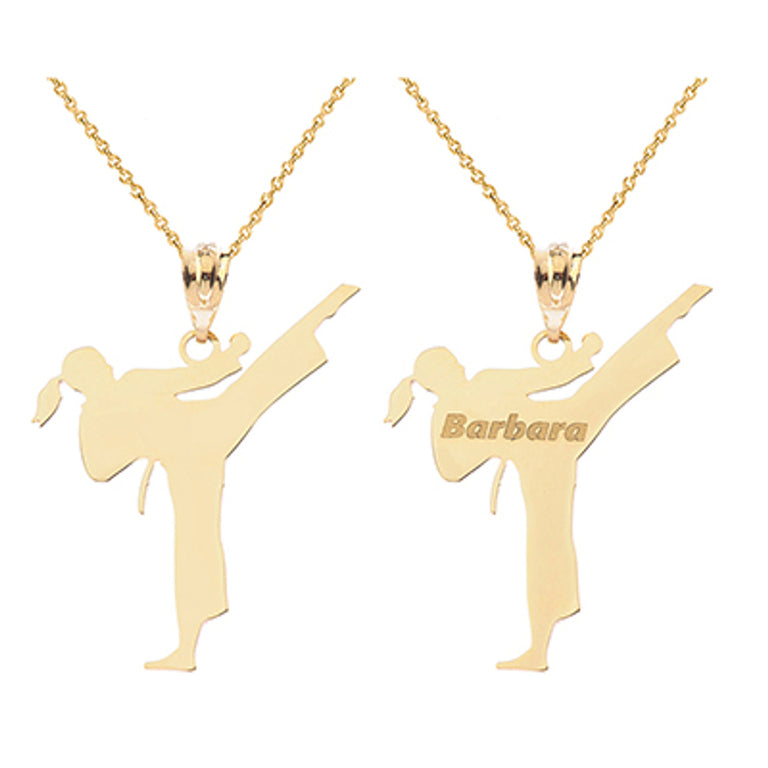 Personalized Your NAME & Martial Arts School NAME Front/Back Karate Girl Pendant in Solid Yellow, White and Rose Gold