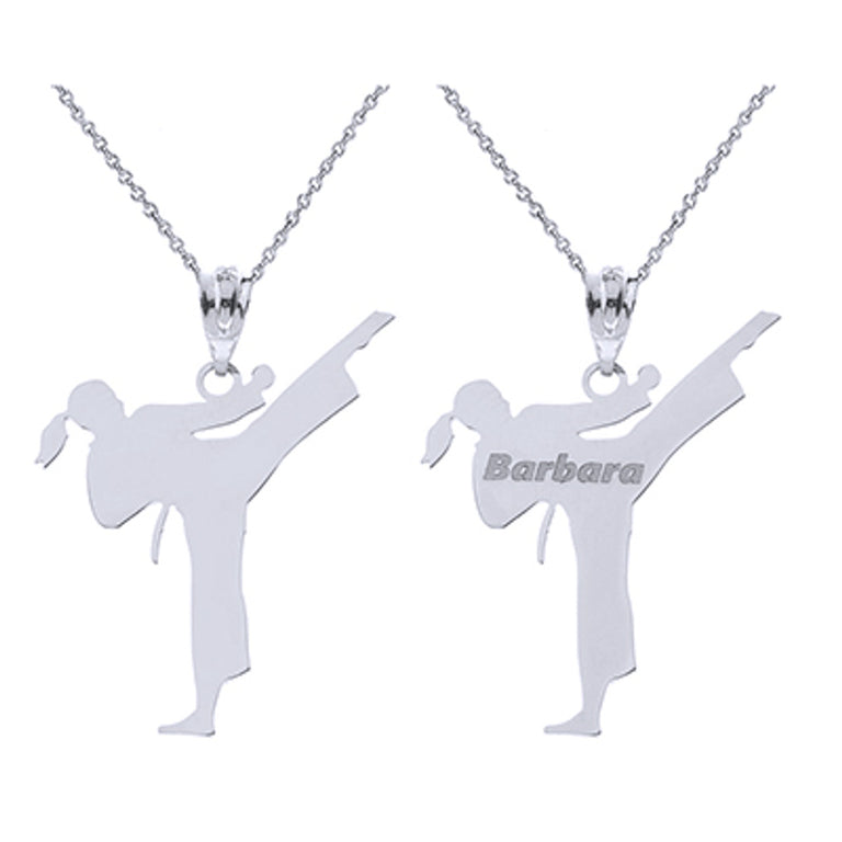 Personalized Your NAME & Martial Arts School NAME Front/Back Karate Girl Pendant in Solid .925 Sterling Silver