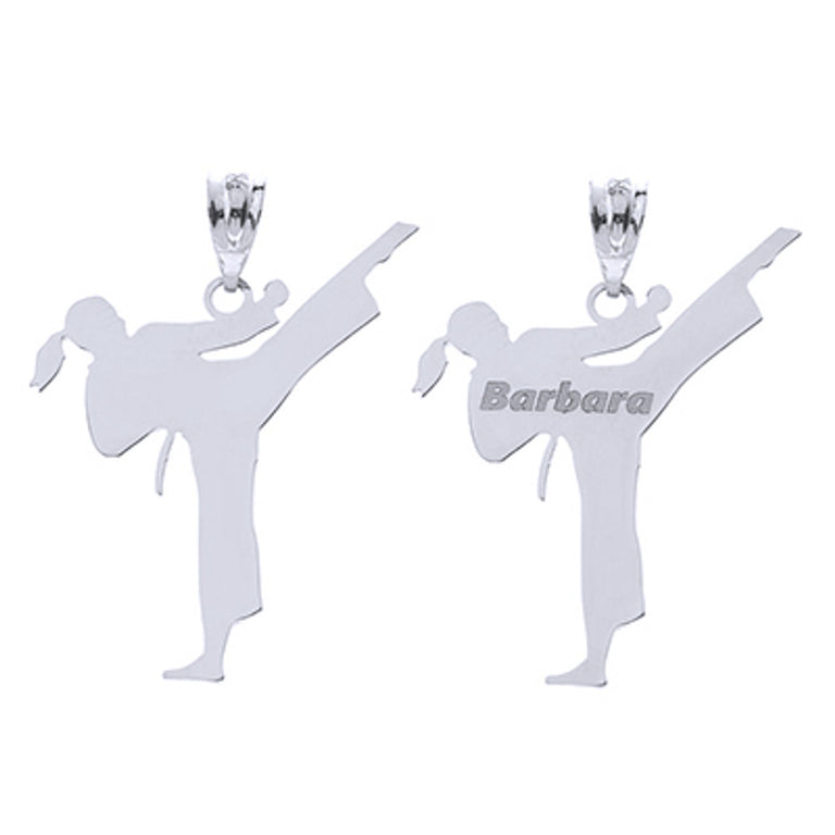 Personalized Your NAME & Martial Arts School NAME Front/Back Karate Girl Pendant in Solid .925 Sterling Silver