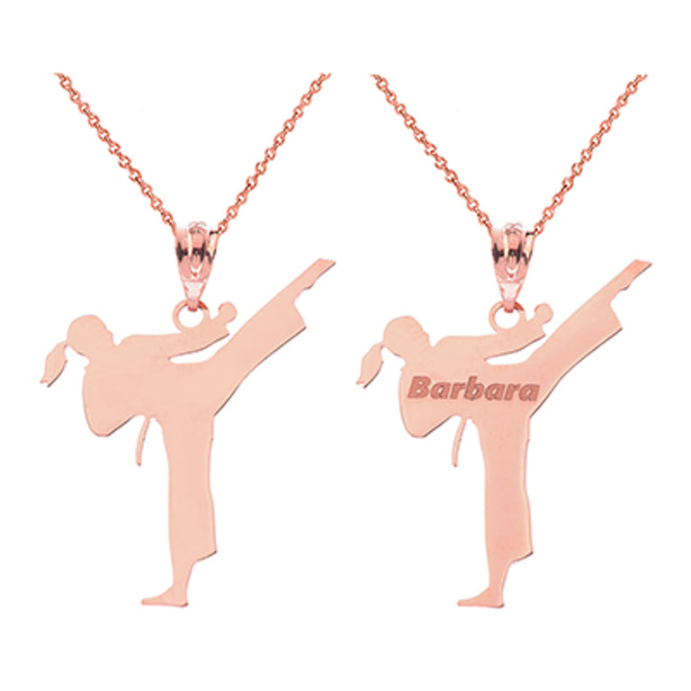 Personalized Your NAME & Martial Arts School NAME Front/Back Karate Girl Pendant in Solid Yellow, White and Rose Gold