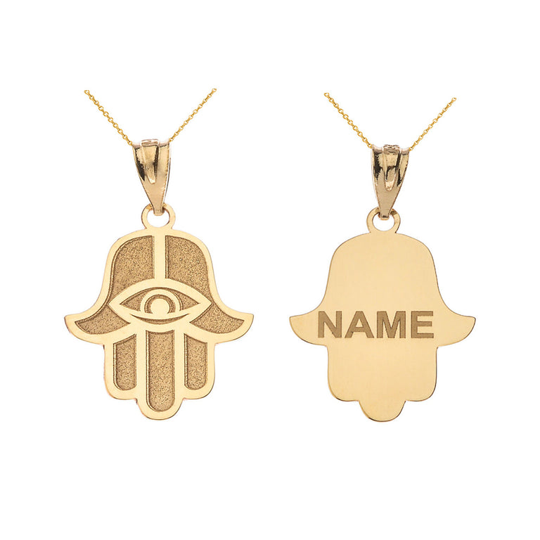 Personalized Engravable Middle Eastern Hamsa Hand Evil Eye With Your NAME in Solid Yellow, White and Rose Gold