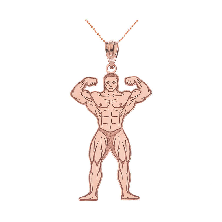 Engravable Personalized Male Bodybuilding Physique Gym Pendant Necklace With Your Name in Solid Yellow, White and Rose Gold