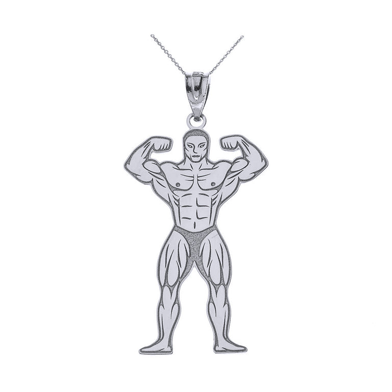 Engravable Personalized Male Bodybuilding Physique Gym Pendant Necklace With Your Name in Solid Yellow, White and Rose Gold