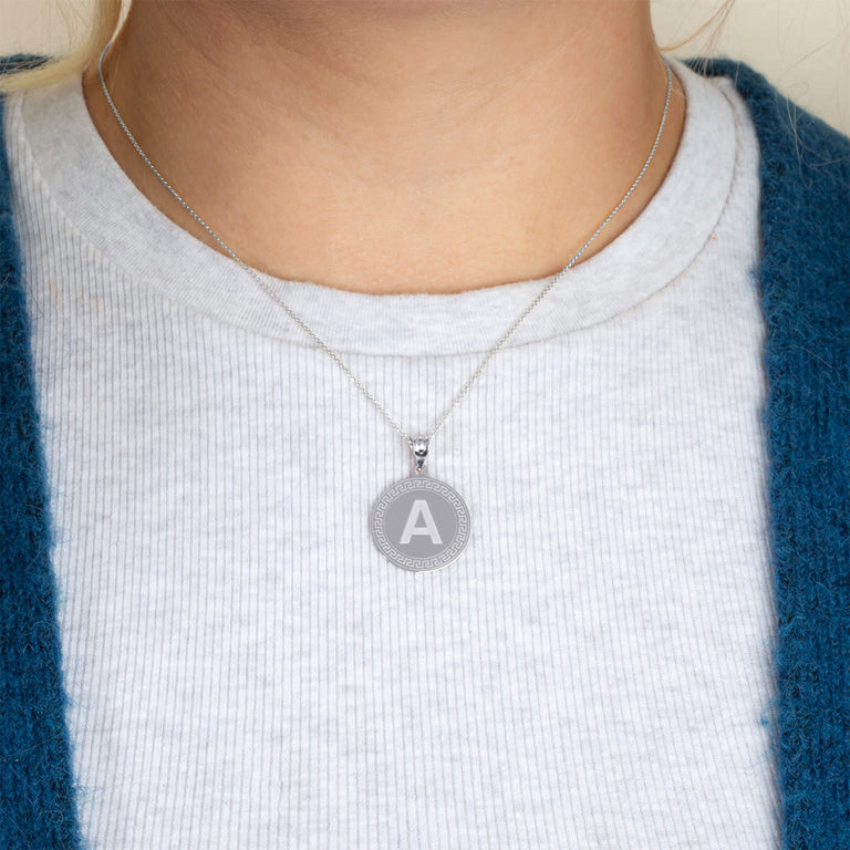 Personalized Letter Initial Greek Key Medallion Pendant Necklace in Solid .925 Sterling Silver