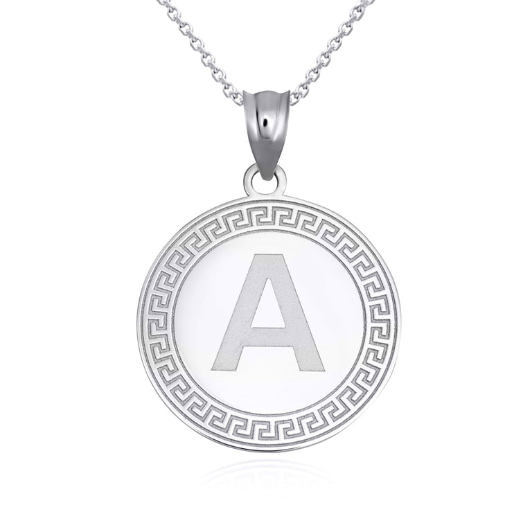 Personalized Letter Initial Greek Key Medallion Pendant Necklace in Solid Yellow, White and Rose Gold