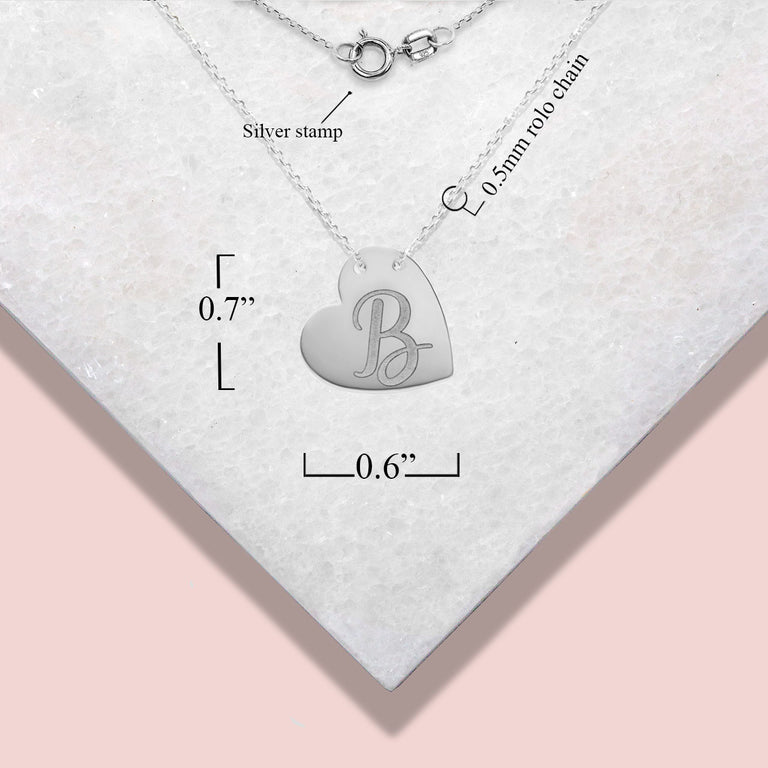 Personalized Script Initial Sideways Heart Engravable Necklace With Your NAME in Solid .925 Sterling Silver