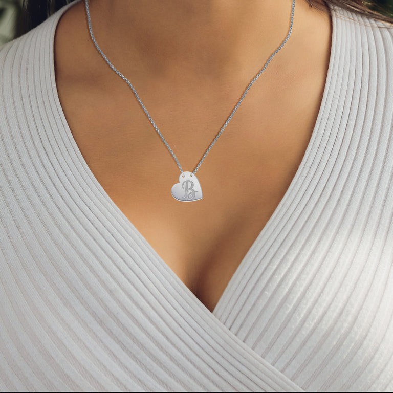 Personalized Script Initial Sideways Heart Engravable Necklace With Your NAME in Solid .925 Sterling Silver