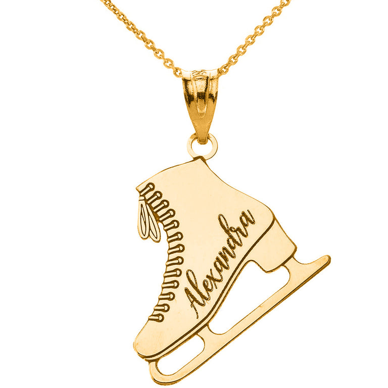 Personalized Engravable Ice Skating Skate Boot Pendant Necklace With Your Name in Solid Yellow, White and Rose Gold