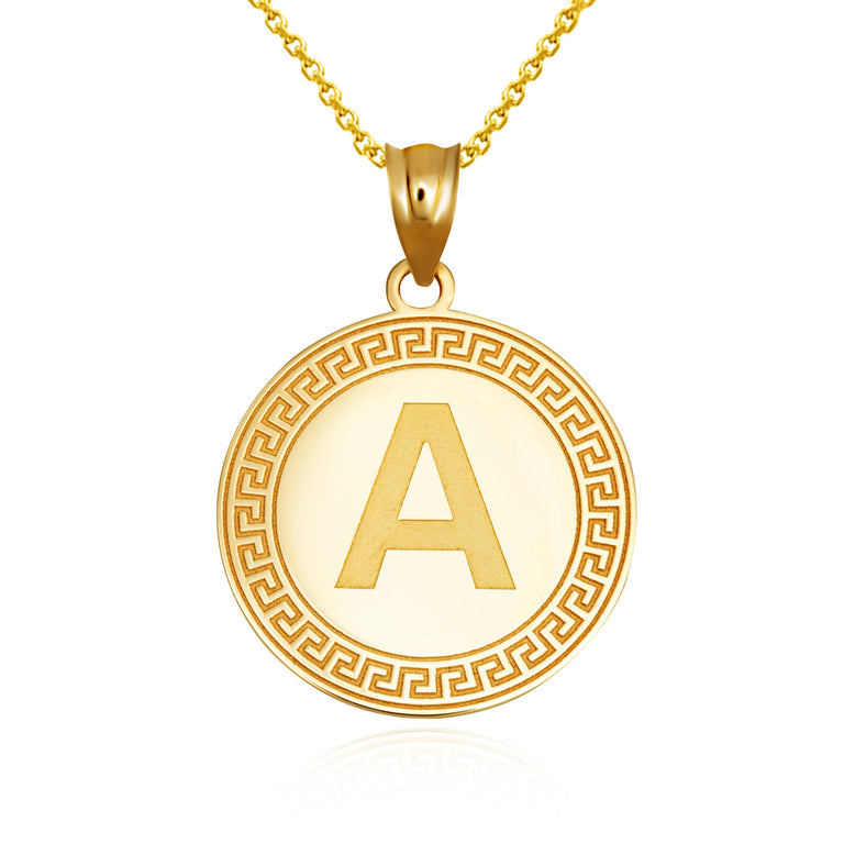 Personalized Letter Initial Greek Key Medallion Pendant Necklace in Solid Yellow, White and Rose Gold