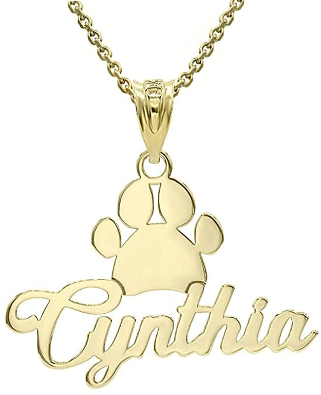 Personalized Name Dog Paw Print Pendant Necklace in Solid Yellow, White and Rose Gold
