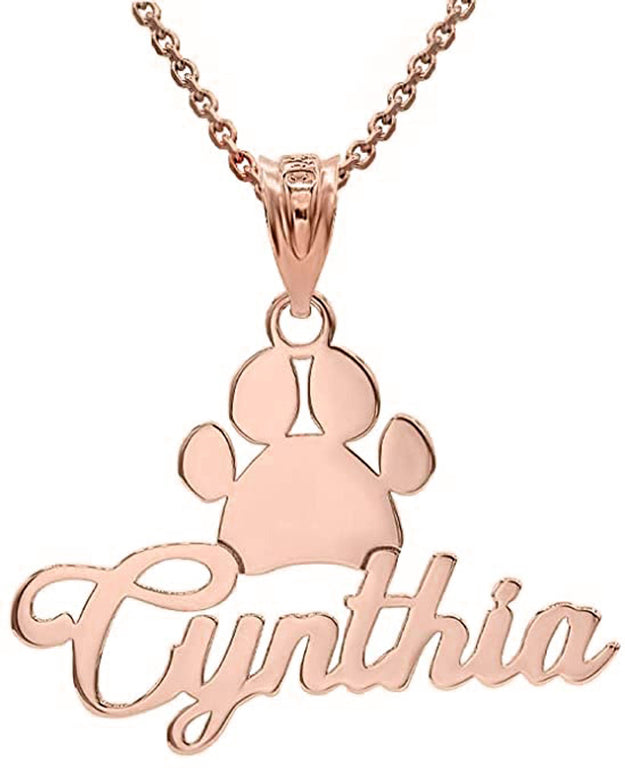 Personalized Name Dog Paw Print Pendant Necklace in Solid Yellow, White and Rose Gold