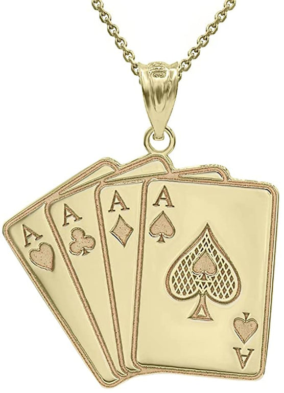 Personalize Ace Four Of A Kind Poker Hand Quads Pendant Necklace with Engravable Name in Solid Yellow, White and Rose Gold