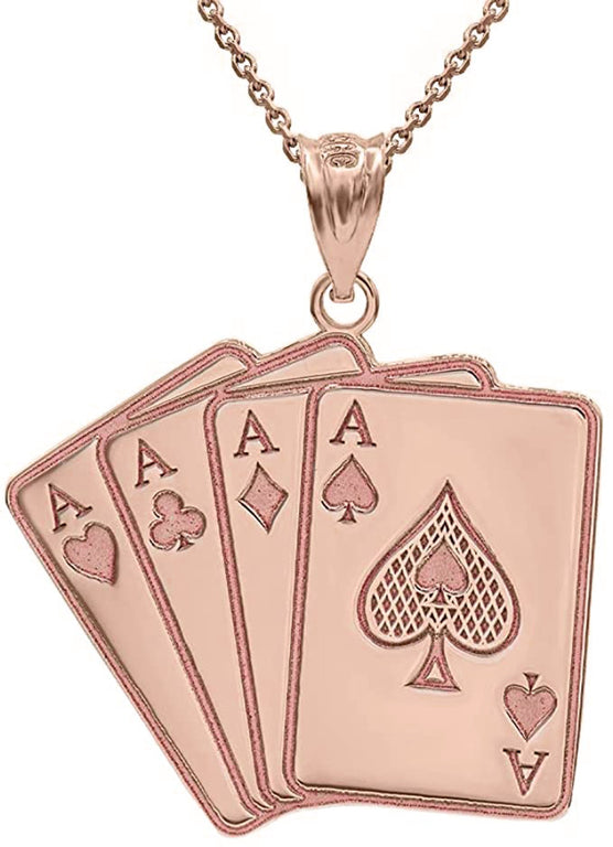 Personalize Ace Four Of A Kind Poker Hand Quads Pendant Necklace with Engravable Name in Solid Yellow, White and Rose Gold