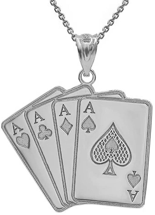 Personalize Ace Four Of A Kind Poker Hand Quads Pendant Necklace with Engravable Name in Solid .925 Sterling Silver