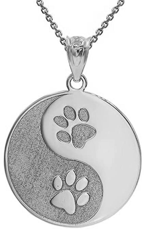 Personalized Engravable Ying Yang Pet Tag Paws Print Pendant Necklace with NAME in Solid .925 Sterling Silver
