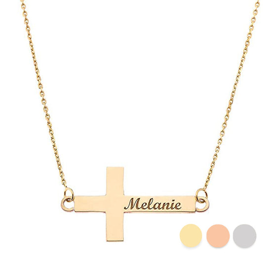 Engravable Personalized NAME Sideways Cross Pendant Necklace in Solid Yellow, White and Rose Gold