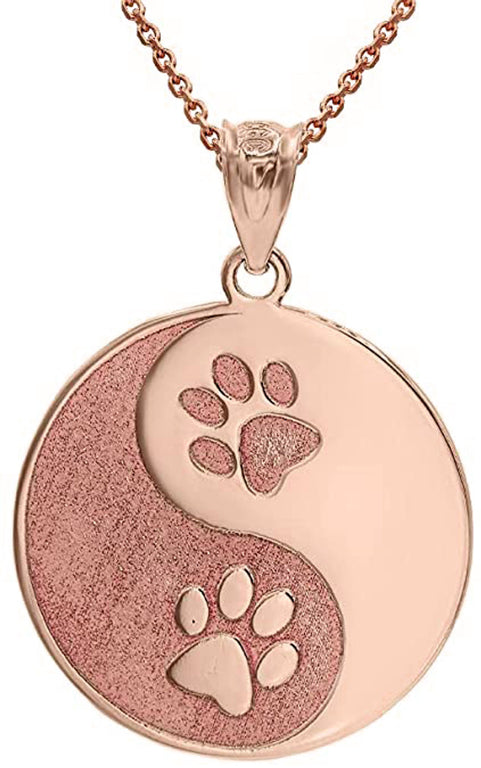 Personalized Engravable Ying Yang Pet Tag Paws Print Pendant Necklace with NAME in Solid Yellow, White and Rose Gold