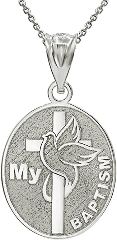Engravable Personalized NAME My Baptism Dove Cross Catholic Necklace in Solid .925 Sterling Silver