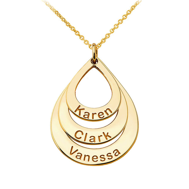 Personalized 3 Names Triple Stack Tear Drop Pendants Necklace Option with Rolo Chains in Solid Yellow, White and Rose Gold