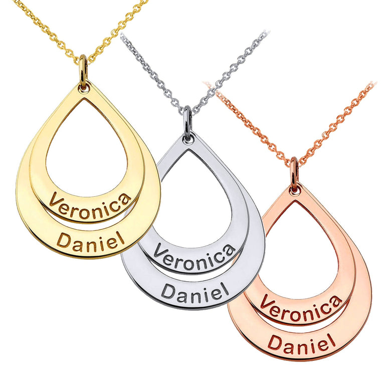 Personalized 2 Names Double Stack Tear Drop Pendants Necklace Option with Rolo Chains in Solid Yellow, White, Rose Gold