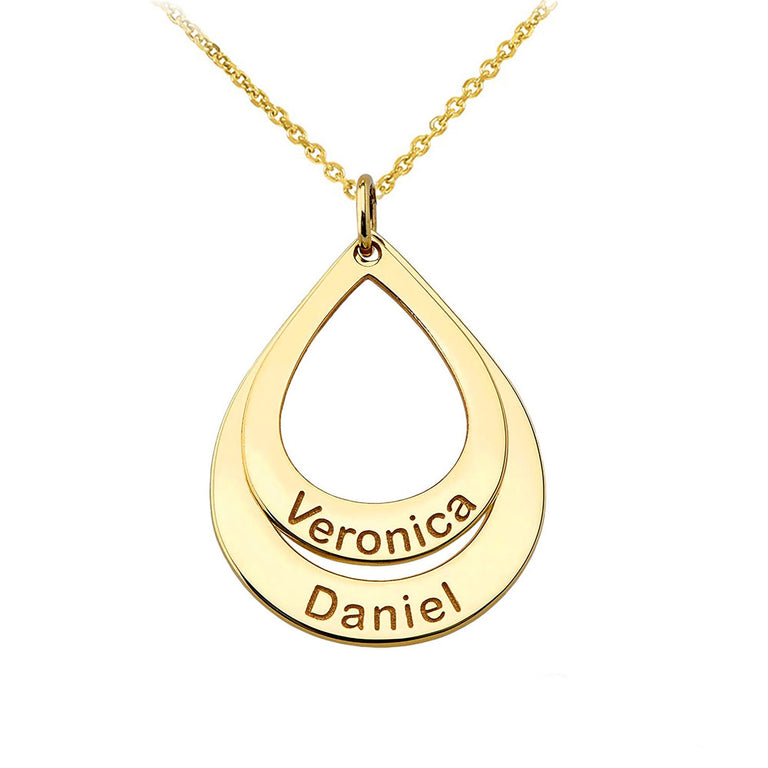 Personalized 2 Names Double Stack Tear Drop Pendants Necklace Option with Rolo Chains in Solid Yellow, White, Rose Gold