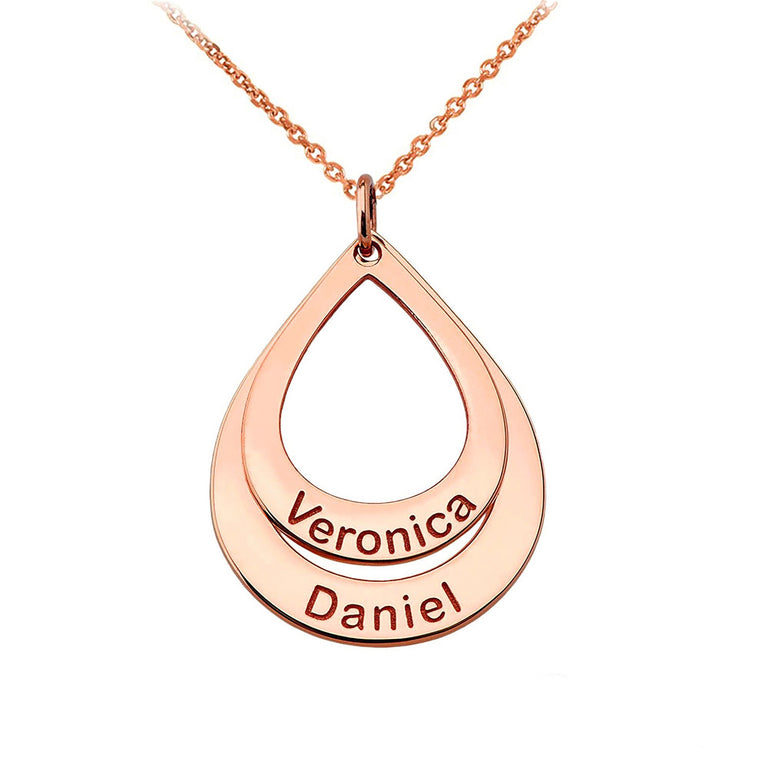 Personalized 2 Names Double Stack Tear Drop Pendants Necklace Option with Rolo Chains in Solid Yellow, White, Rose Gold
