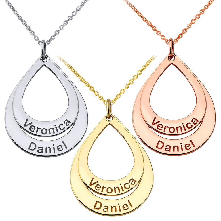 Personalized 2 Names Double Stack Tear Drop Pendants Necklace Option with Rolo Chains in Solid Yellow, White, Rose Gold