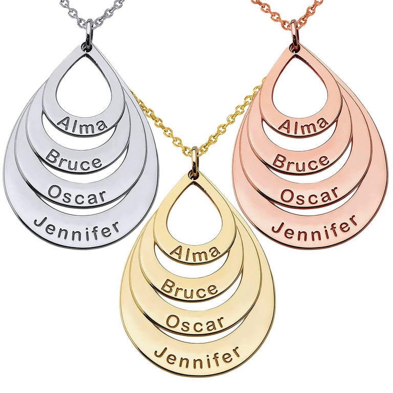 Personalized Engravable 4 Names in 4 Stack Tear Drop Pendants Necklace Option Rolo Chain in Solid Yellow, White and Rose Gold