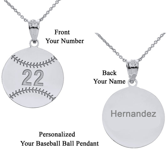 Personalized Engravable Front / Back Baseball Ball Pendant With Your NAME and NUMBER in Solid .925 Sterling Silver