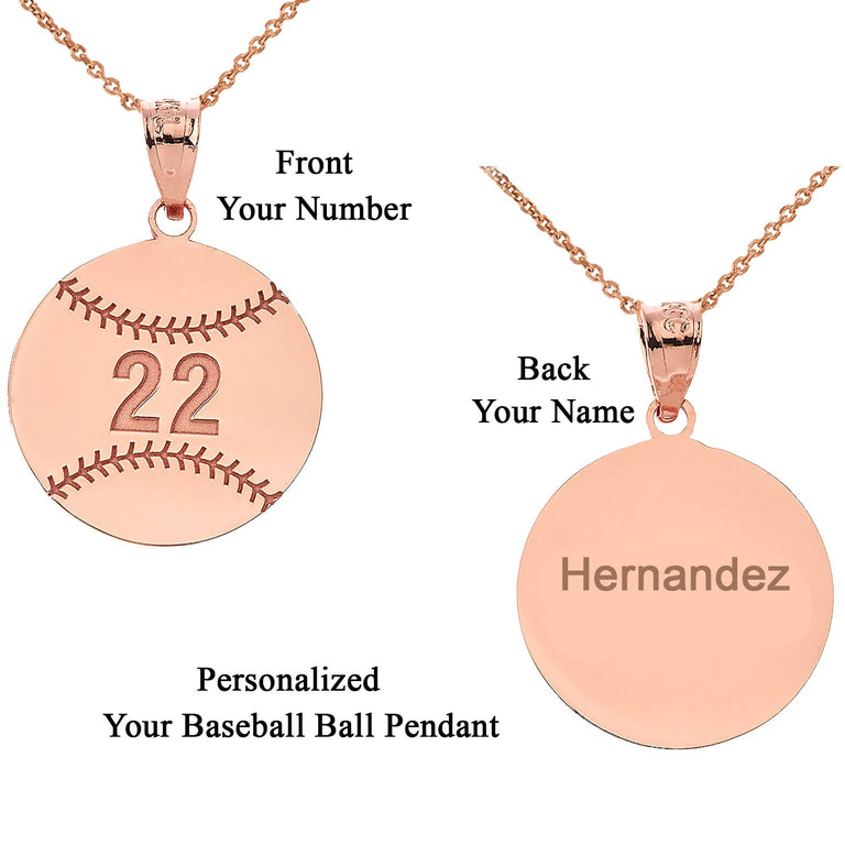 Personalized Engravable Front / Back Baseball Ball Pendant With Your NAME and NUMBER in Solid Yellow, White and Rose Gold