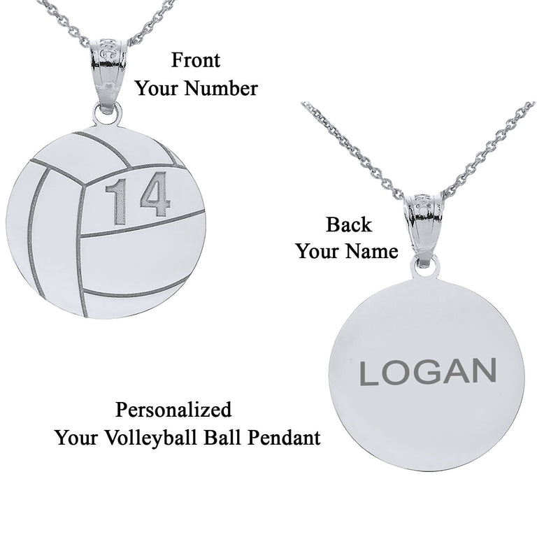 Personalized Name & Number Engravable Front/Back Volleyball Ball Pendant in Solid Yellow, White and Rose Gold