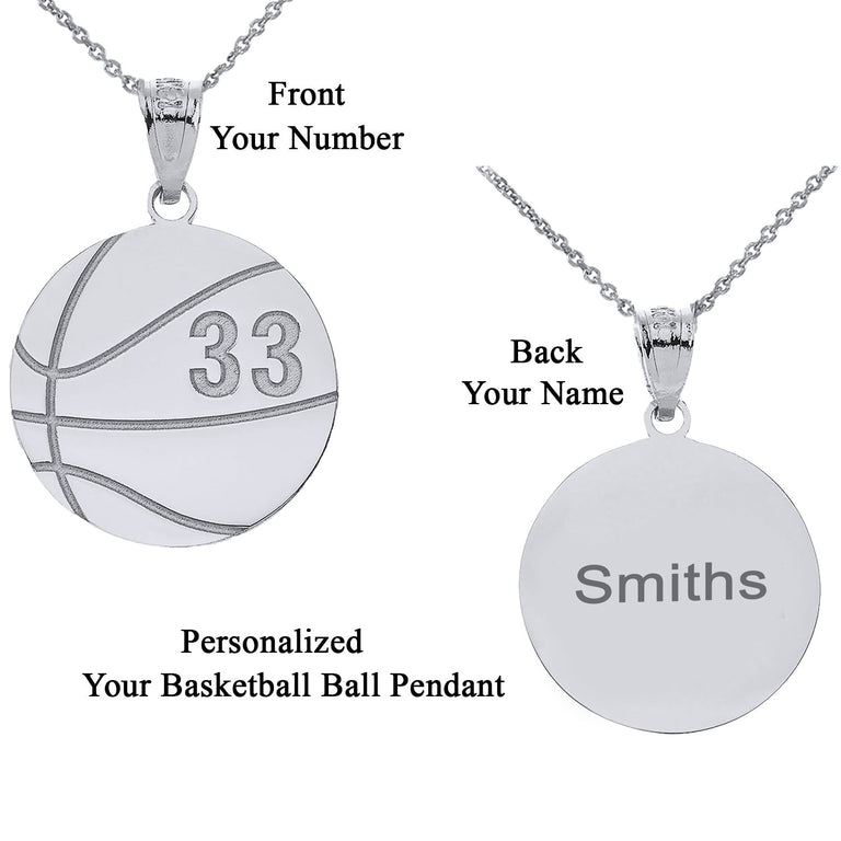 Personalized Name & Number Engravable Front/Back Basketball Ball Pendant in Solid Yellow, White and Rose Gold