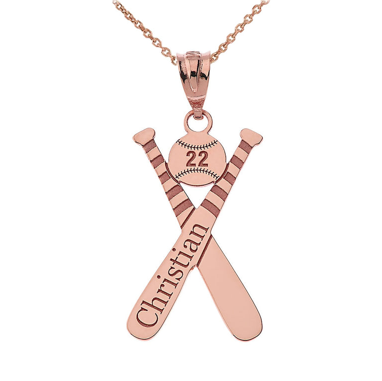 Personalized Engravable Baseball Cross Bats Pendant Name & Number Handcrafted in Solid Yellow, White and Rose Gold
