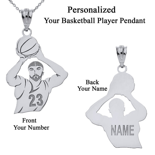 Personalized Engravable Name & Number Basketball Player Front and Back Pendant in Solid .925 Sterling Silver