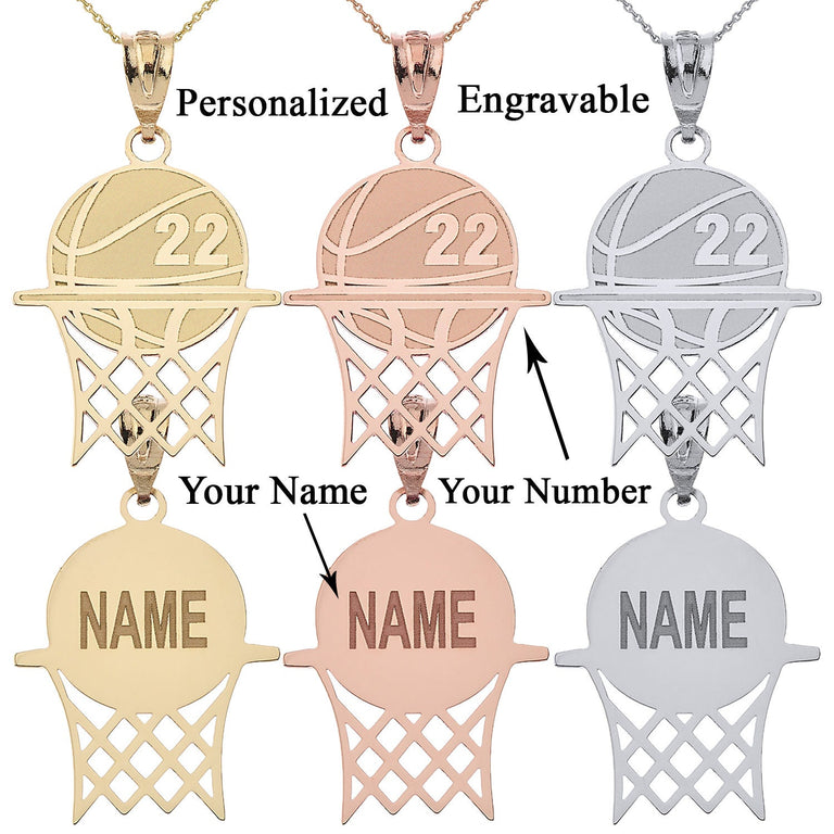Personalized Engravable Basketball Hoop Pendant Front/Back With Your NAME & NUMBER in Solid Yellow, White and Rose Gold