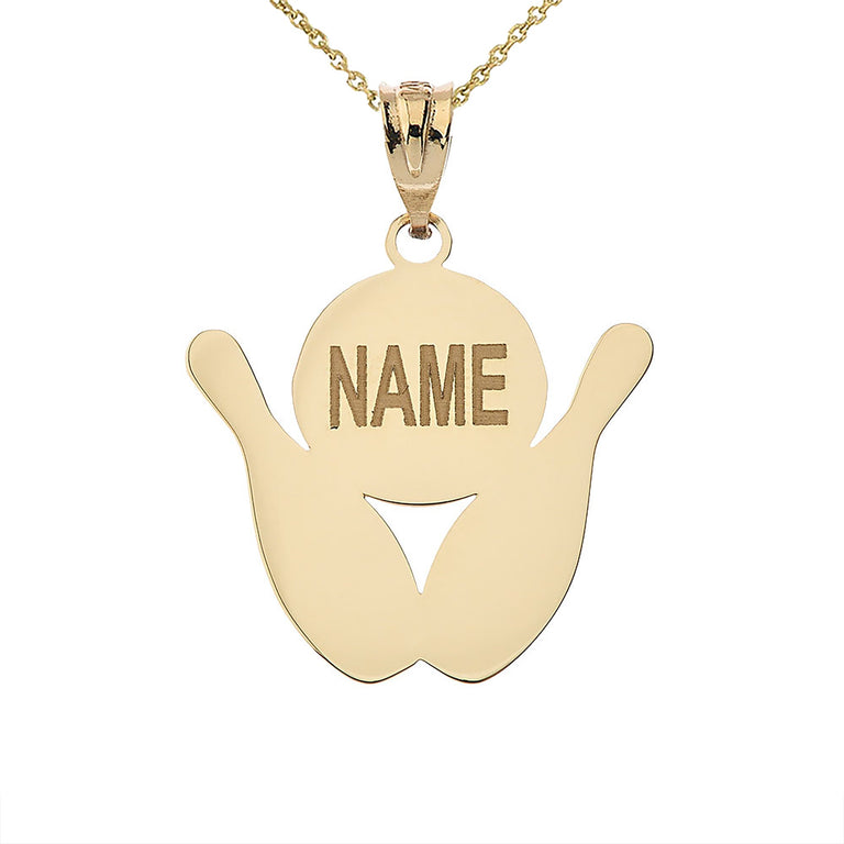 Personalized Engravable Bowling Alley Ball 2 Pins Pendant Your Name in Solid Yellow, White, Rose Gold