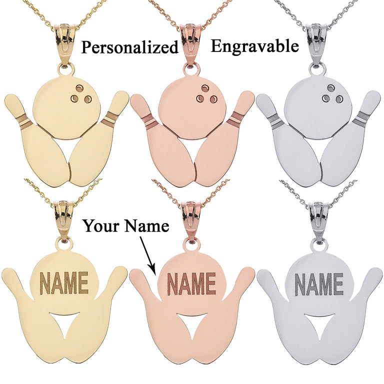 Personalized Engravable Bowling Alley Ball 2 Pins Pendant Your Name in Solid Yellow, White, Rose Gold