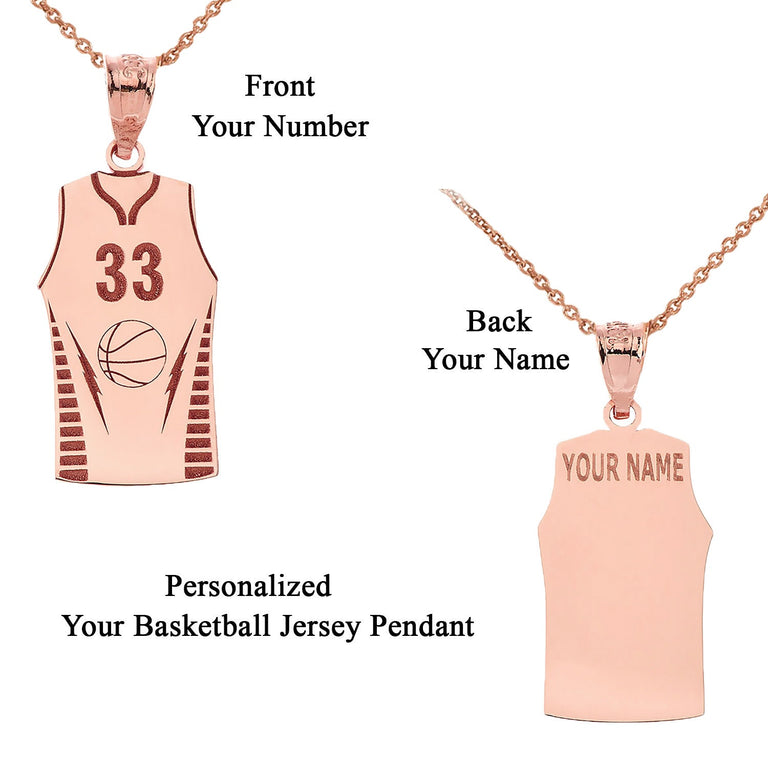 Personalized Engravable Basketball Jersey Pendant Your Name & Number in Solid Yellow, White and Rose Gold