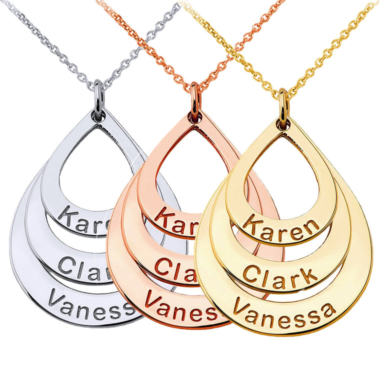 Personalized 3 Names Triple Stack Tear Drop Pendants Necklace Option with Rolo Chains in Solid Yellow, White and Rose Gold
