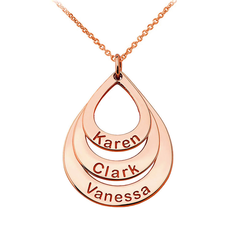 Personalized 3 Names Triple Stack Tear Drop Pendants Necklace Option with Rolo Chains in Solid Yellow, White and Rose Gold