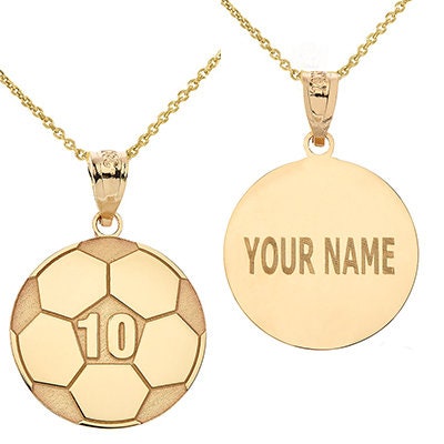 Personalized Engravable Soccer Ball Pendant Front/Back with Your Name & Number in Solid Yellow, White and Rose Gold