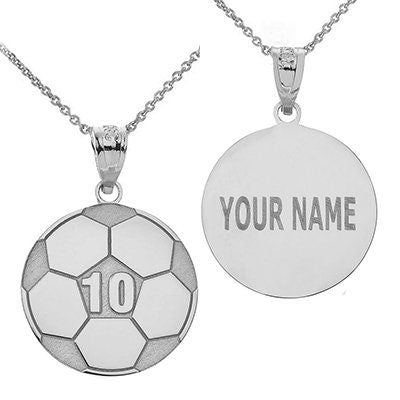 Personalized Engravable Soccer Ball Pendant Front/Back with Your Name & Number in Solid Yellow, White and Rose Gold