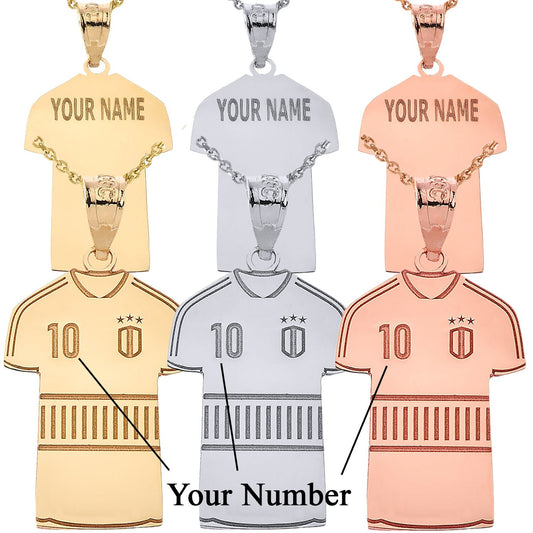 Personalized Engravable Soccer Jersey Pendant Front/Back Your Name & Number in Solid Yellow, White and Rose Gold