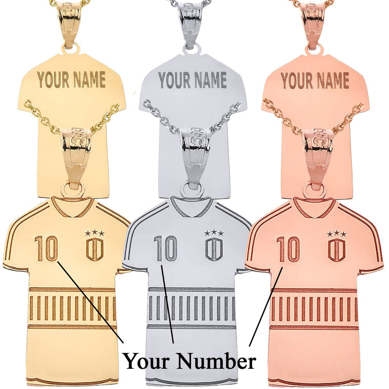 Personalized Engravable Soccer Jersey Pendant Front/Back Your Name & Number in Solid Yellow, White and Rose Gold