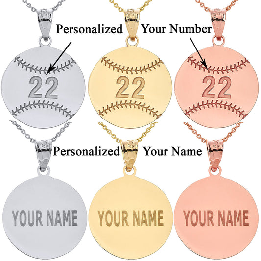 Personalized Engravable Front / Back Baseball Ball Pendant With Your NAME and NUMBER in Solid Yellow, White and Rose Gold