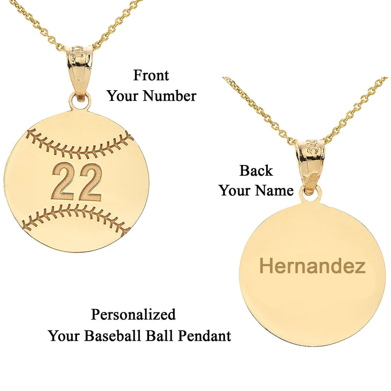 Personalized Engravable Front / Back Baseball Ball Pendant With Your NAME and NUMBER in Solid Yellow, White and Rose Gold