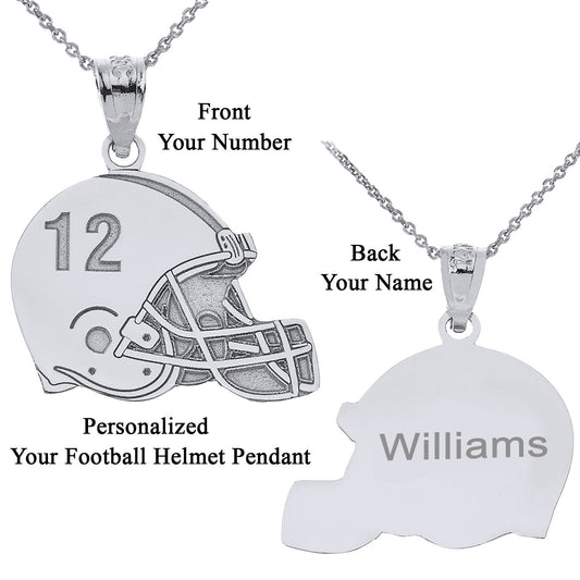 Personalized Engravable Front/Back Football Helmet Pendant Your Name & Number in Solid .925 Sterling Silver