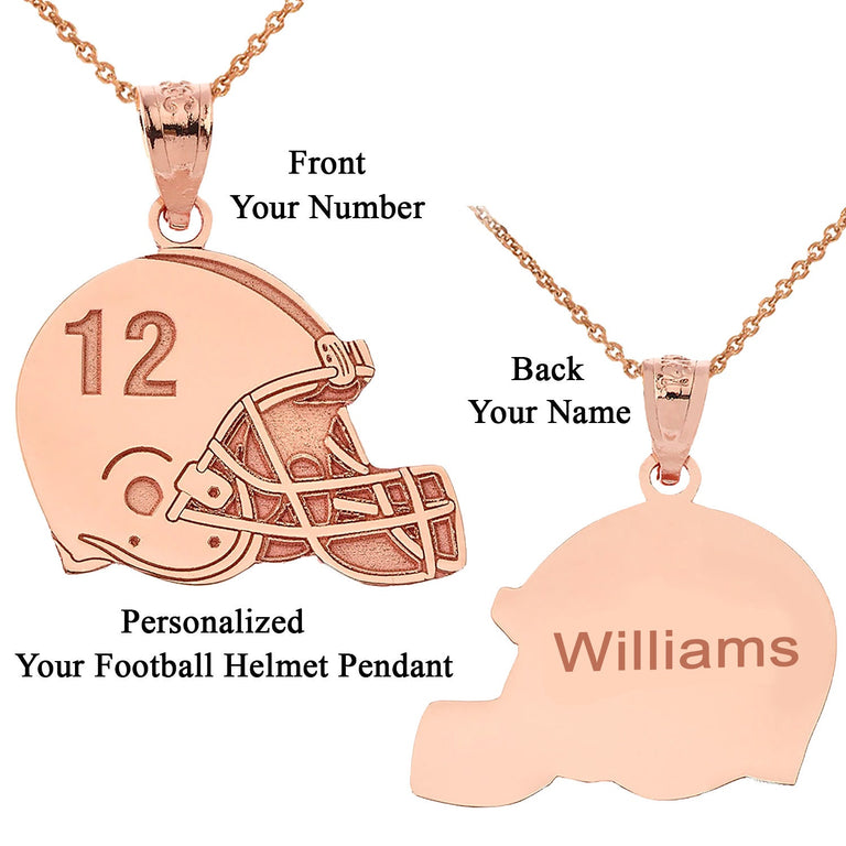 Personalized Engravable Front/Back Football Helmet Pendant Your Name & Number in Solid Yellow, White and Rose Gold
