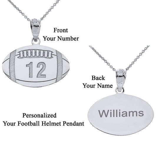 Personalized Engravable Front/Back Football Ball Pendant Your Name & Number in Solid .925 Sterling Silver