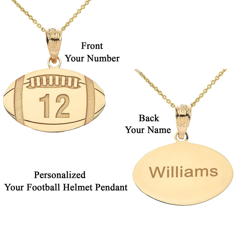 Personalized Engravable Front/Back Football Ball Pendant Your Name & Number in Solid Yellow, White and Rose Gold